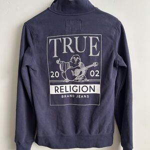 True Religion Womens Sweatshirt M Blue Half Zip Studded Bling Rhinestones Buddha